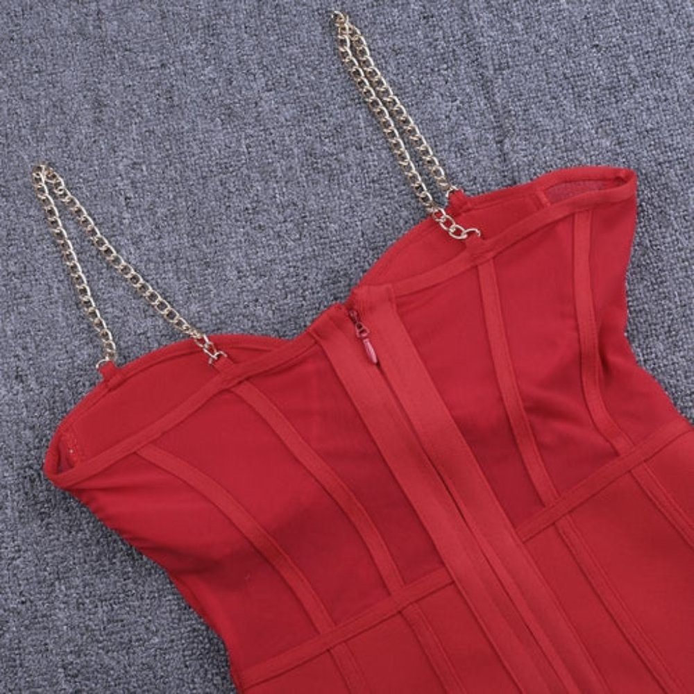 Red Top Chain Link Bandage Body Con Short Dress - Picture 12 of 14